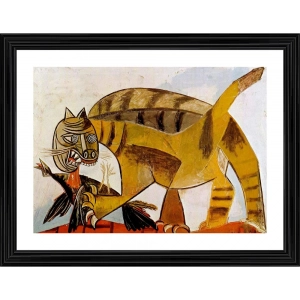 Generic Cat Devouring A Bird 1939 Painting With Wood Photo Frame (Multicolor)