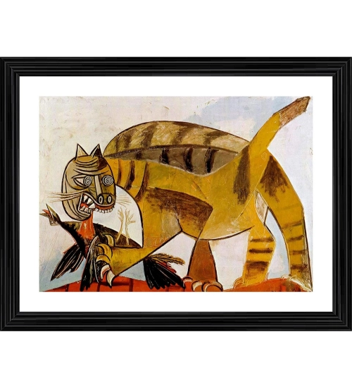 Cat Devouring A Bird 1939 Painting With Wood Photo Frame (Multicolor)