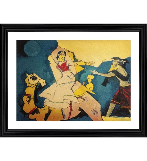 Laila Majnu and Camel Painting With Wood Photo Frame (Multicolor)