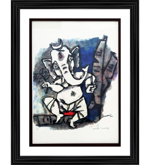 Ganesha Dances Painting With Wood Photo Frame (Multicolor)