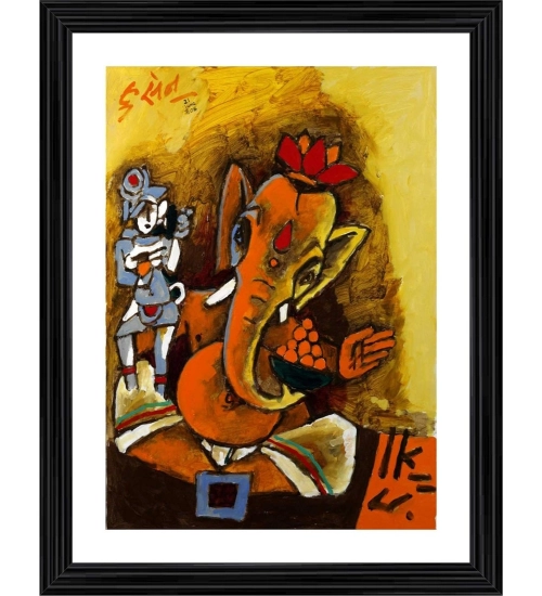 Ganesha Teaches 2008 Painting With Wood Photo Frame (Multicolor)