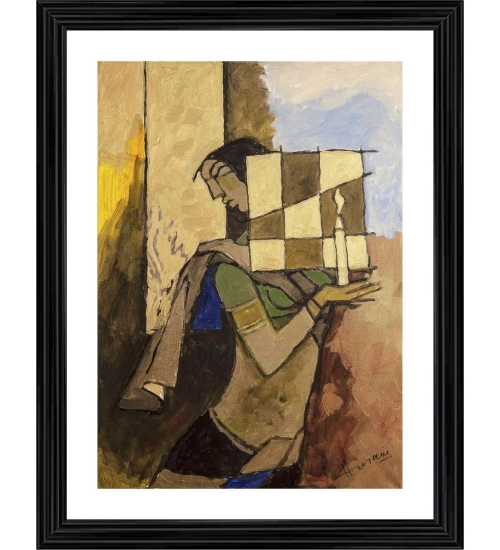 Lady with a Candle Painting With Wood Photo Frame (Multicolor)