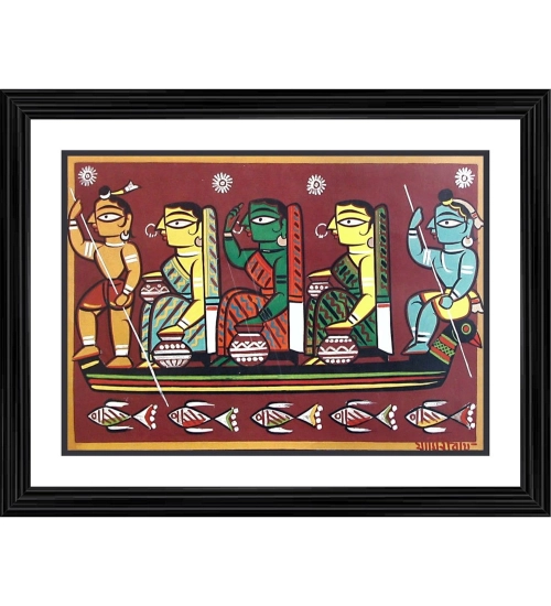Krishna sailing with Gopika Painting With Wood Photo Frame (Multicolor)
