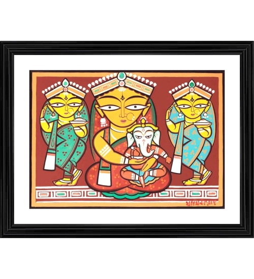 Parvati Ganesh Painting With Wood Photo Frame (Multicolor)
