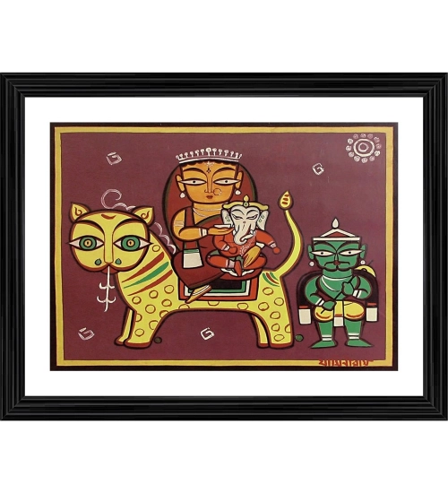 Parvati Ganesh on Vaahan Painting With Wood Photo Frame (Multicolor)