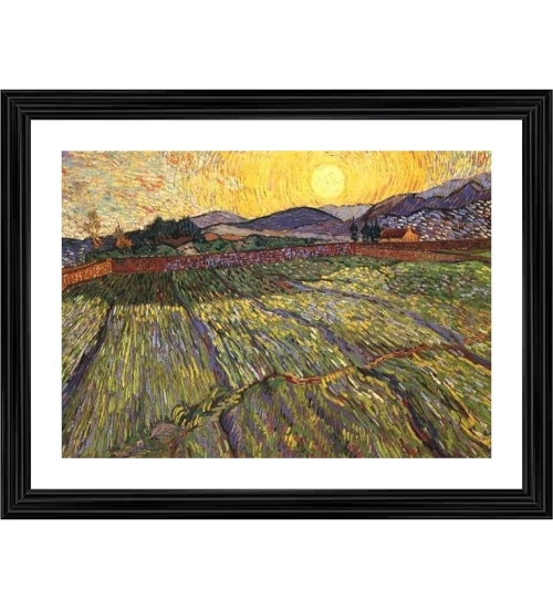 Wheat Field With Rising Sun 1889 Painting With Wood Photo Frame (Multicolor)