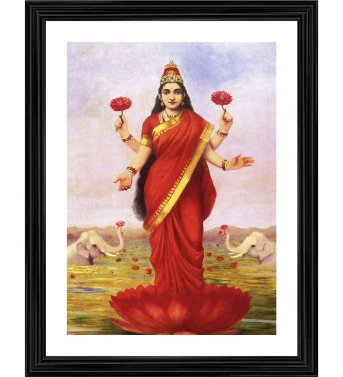 Goddess Lakshmi & Lotus in the Lake 1896 Painting With Wood Photo Frame (Multicolor)