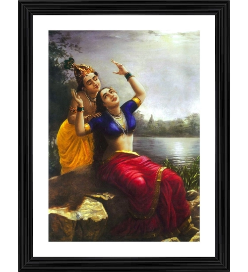 Radha and Madhav Krishna 1900 Painting With Wood Photo Frame (Multicolor)