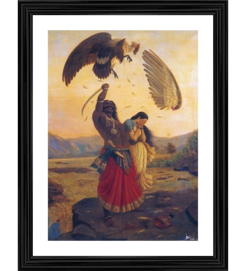 Ravana Carrying off Sita and Opposed by Jatayu 1890 Painting With Wood Photo Frame (Multicolor)