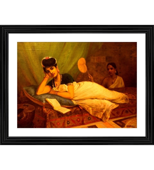 Reclining Nayar lady 1902 Painting With Wood Photo Frame (Multicolor)