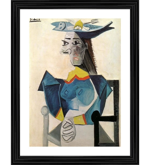 Woman in a Fish Hat 1942 Painting With Wood Photo Frame (Multicolor)