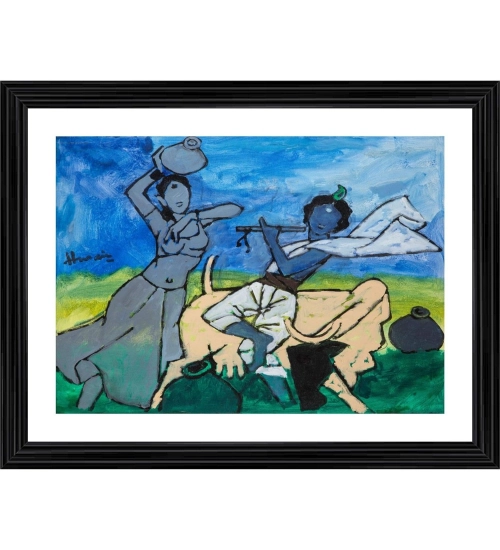 Radha Krishna Painting With Wood Photo Frame (Multicolor)