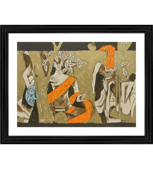 Buddha and the Tree of Knowledge Painting With Wood Photo Frame (Multicolor)