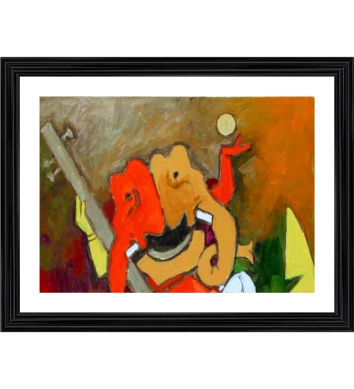 Ganesh Playing Veena Painting With Wood Photo Frame (Multicolor)