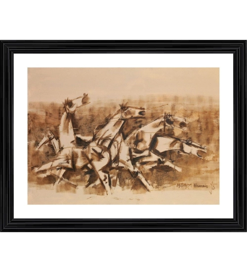 Four Horses and the Battle Painting With Wood Photo Frame (Multicolor)