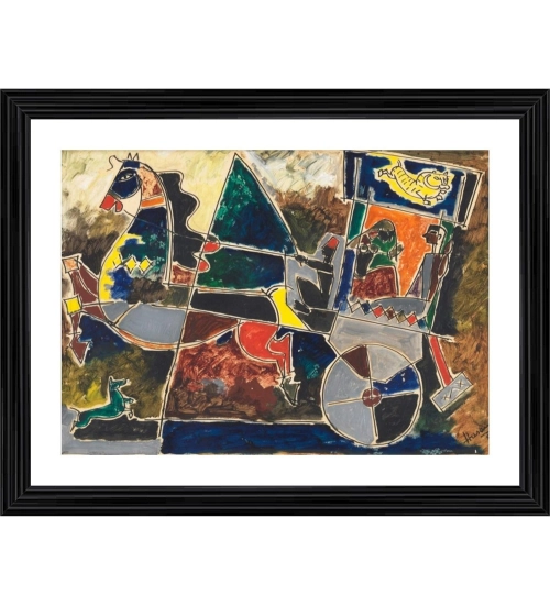 Village Horse and the Chariot Painting With Wood Photo Frame (Multicolor)