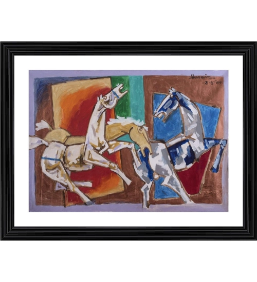 Blissful Horses Painting With Wood Photo Frame (Multicolor)