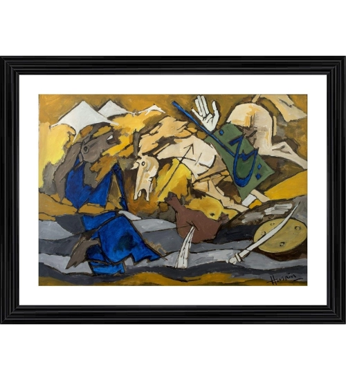 Horses in Battle Painting With Wood Photo Frame (Multicolor)