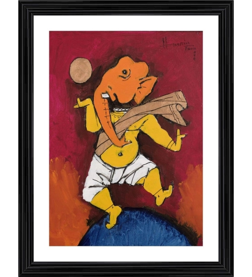 Ganesh and the Moon Painting With Wood Photo Frame (Multicolor)