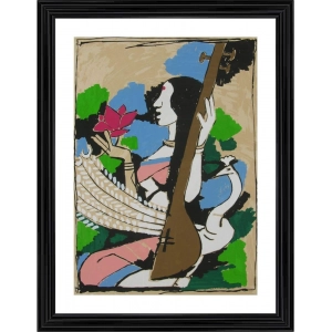 Generic Goddess Saraswati Painting With Wood Photo Frame (Multicolor)