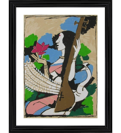 Goddess Saraswati Painting With Wood Photo Frame (Multicolor)