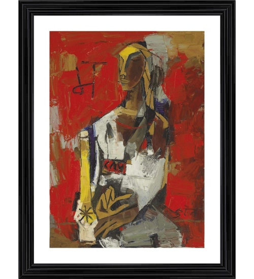 Woman in Red 1964 Painting With Wood Photo Frame (Multicolor)