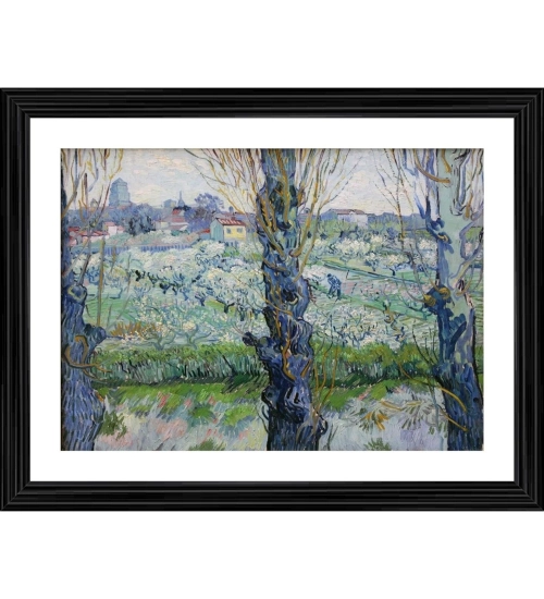 View of Arles Flowering Orchards 1889 Painting With Wood Photo Frame (Multicolor)
