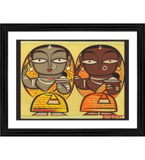 Two Worshiping Women Painting With Wood Photo Frame (Multicolor)