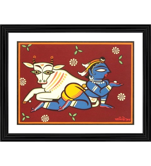 Bal Krishna and Cow Painting With Wood Photo Frame (Multicolor)