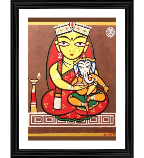 Ganesh Parvati Painting With Wood Photo Frame (Multicolor)