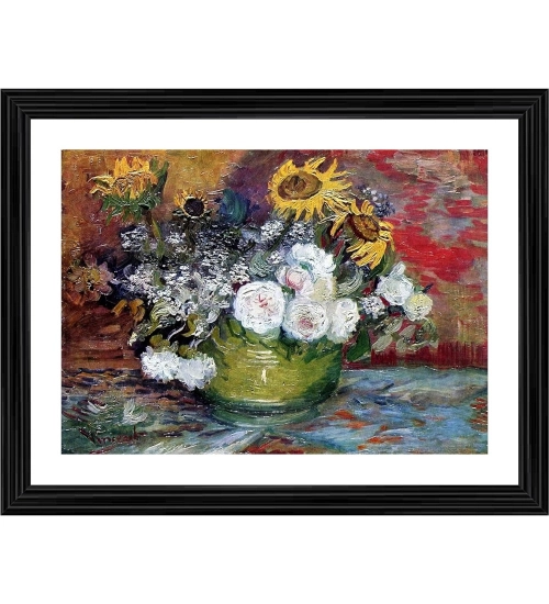 Still life with roses and sunflowers 1886 Painting With Wood Photo Frame (Multicolor)