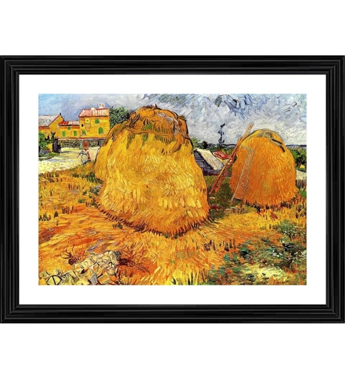 Haystacks in Provence 1888 Painting With Wood Photo Frame (Multicolor)