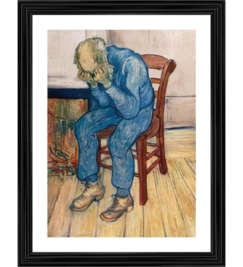 Worn Out Old Man in Sorrow 1982 Painting With Wood Photo Frame (Multicolor)