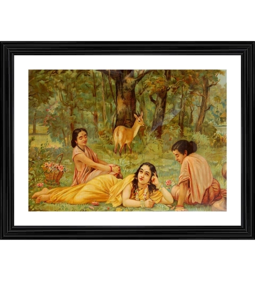 Shakuntala Writing a Letter to Dushyant 1876 Painting With Wood Photo Frame (Multicolor)