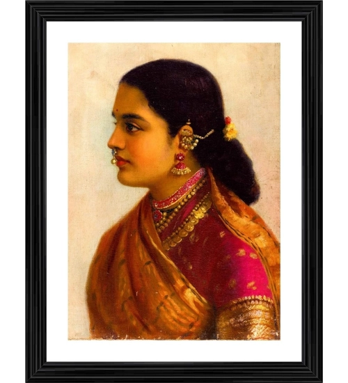Lady in Crimson Red Saree 1900 Painting With Wood Photo Frame (Multicolor)