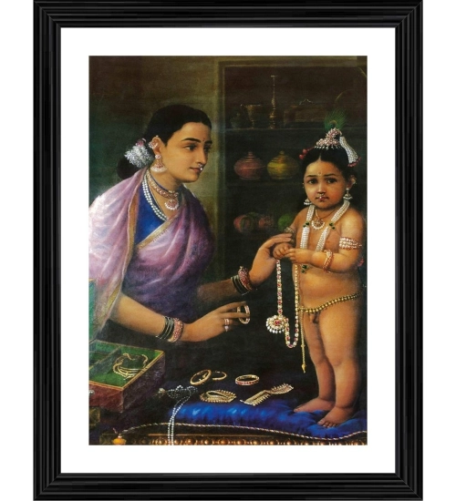 Yashoda Bal Krishna with Cow 1879 Painting With Wood Photo Frame (Multicolor)