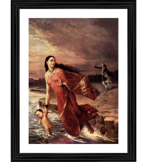 Ganga and Shantanu 1890 Painting With Wood Photo Frame (Multicolor)