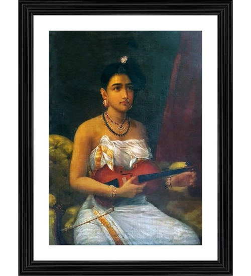 A Lady Playing Voilin 1880 Painting With Wood Photo Frame (Multicolor)