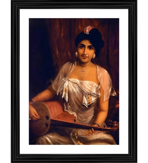 A Lady Playing Veena 1888 Painting With Wood Photo Frame (Multicolor)
