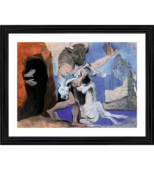 Minotaur with Dead Mare in front of a Cave 1936 Painting With Wood Photo Frame (Multicolor)