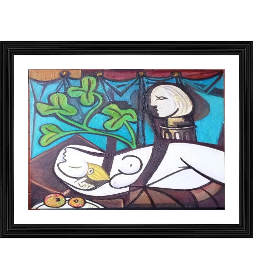 Nude Green Leaves and Bust 1932 Painting With Wood Photo Frame (Multicolor)