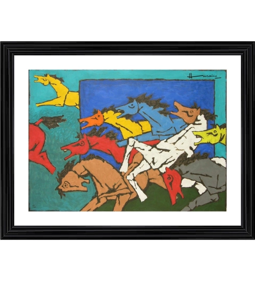 Village Horses Painting With Wood Photo Frame (Multicolor)