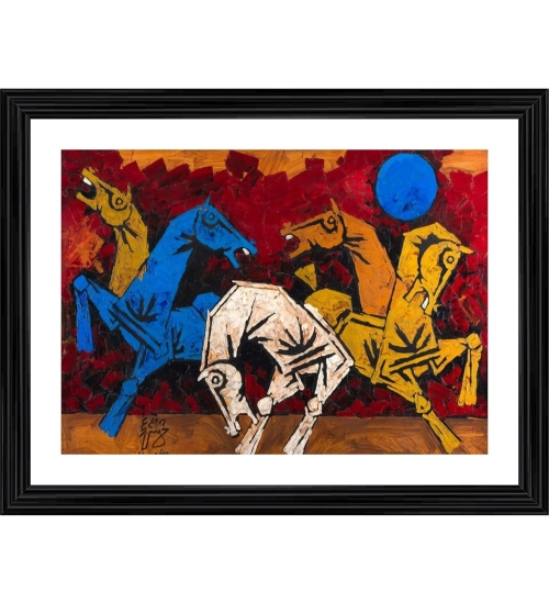 Five Horses Painting With Wood Photo Frame (Multicolor)