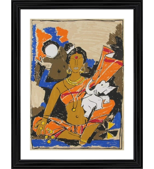 Goddess Lakshmi Painting With Wood Photo Frame (Multicolor)