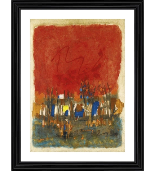 Red Landscape 1964 Painting With Wood Photo Frame (Multicolor)