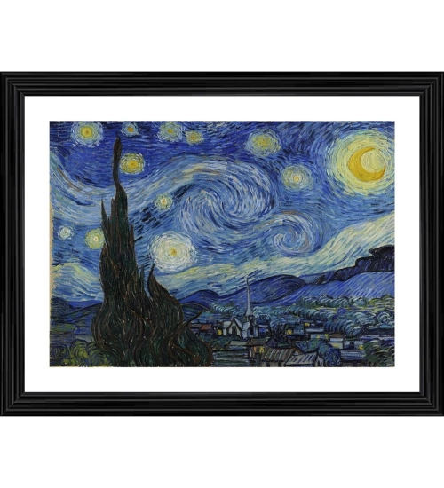 Starry Night 1889 Painting With Wood Photo Frame (Multicolor)