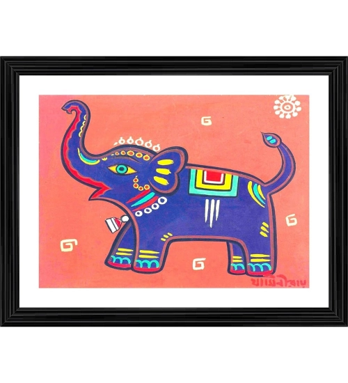 The Elephant Painting With Wood Photo Frame (Multicolor)