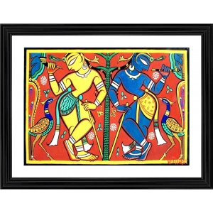 Generic Krishna Balram Painting With Wood Photo Frame (Multicolor)
