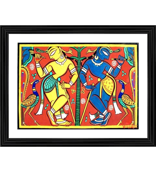 Krishna Balram Painting With Wood Photo Frame (Multicolor)