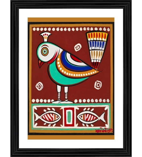 Bird and Fishes Painting With Wood Photo Frame (Multicolor)